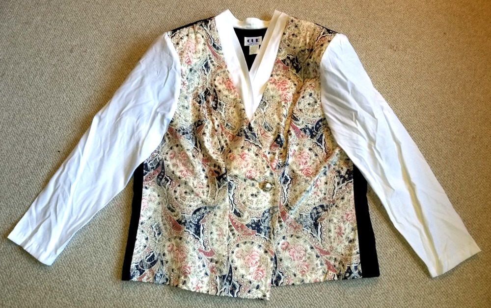 VINTAGE Y2K Womens Top-CUE-USA-ivory/pink floral Brocade Blouse/Vest Regency-L